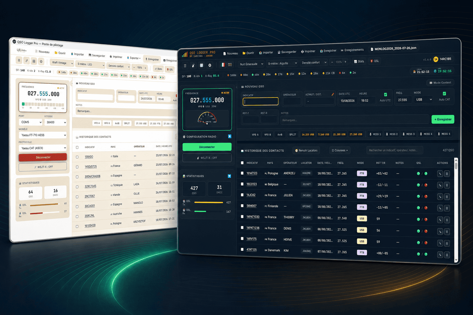 Ancienne et nouvelle interface de QSO Logger Pro, avec les thèmes Kraft Vintage et Nuit Émeraude