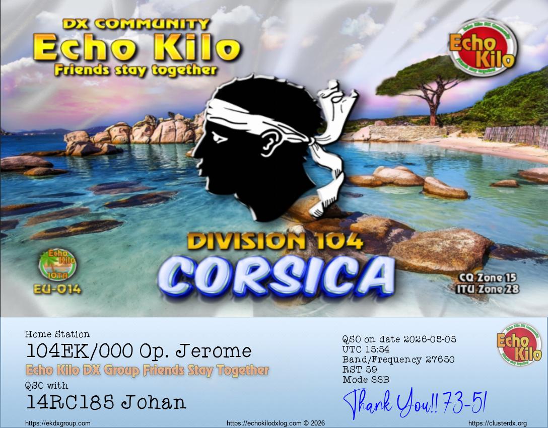 eQSL de 104EK/000 JEROME, Corse – contact DX bande 11 mètres 27.650 MHz