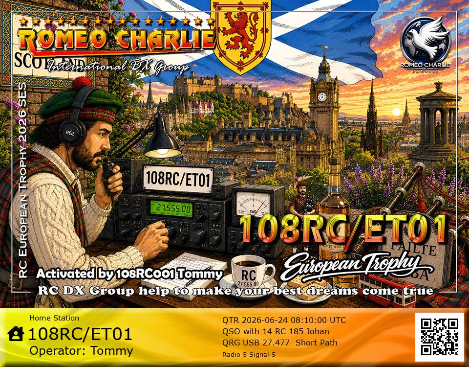 eQSL de 108RC/ET01, Écosse – contact DX bande 11 mètres 27.477 MHz