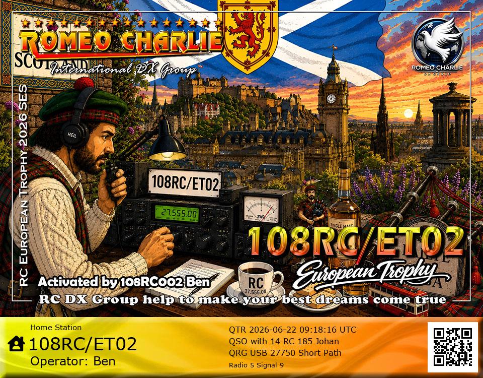 eQSL de 108RC/ET02 BEN, Écosse – contact DX bande 11 mètres 27.750 MHz