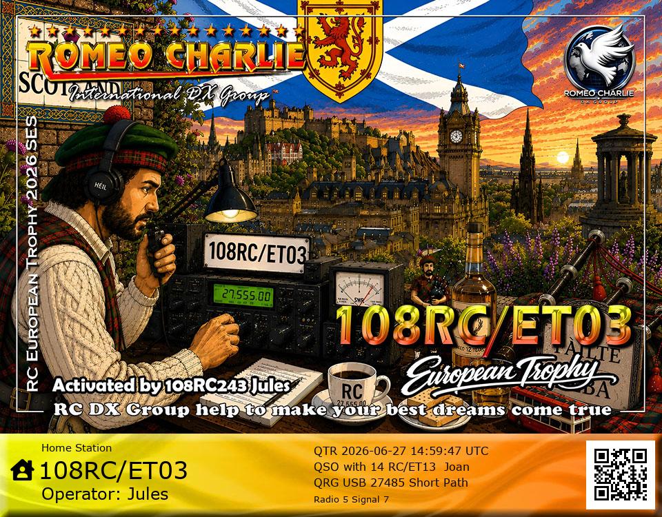 eQSL de 108RC-ET03 JULES, Écosse – contact DX bande 11 mètres 27.485 MHz