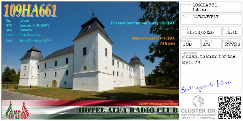 eQSL de 109HA661 ISTVAN, Hongrie – contact DX bande 11 mètres 27.725 MHz