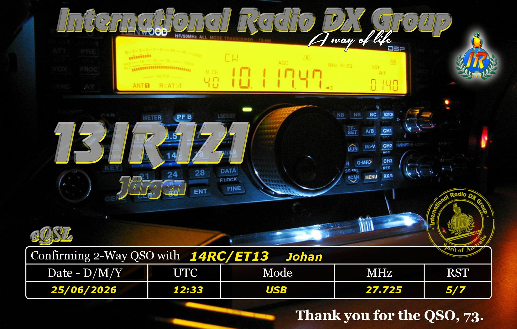 eQSL de 13IR121 JURGEN, Allemagne – contact DX bande 11 mètres 27.725 MHz