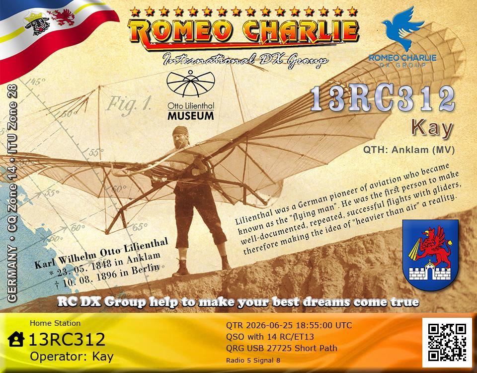 eQSL de 13RC312 KAY, Allemagne – contact DX bande 11 mètres 27.725 MHz