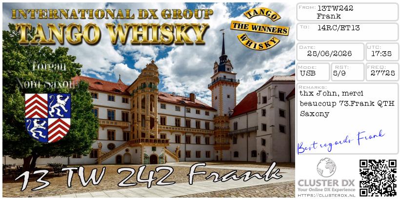 eQSL de 13TW242 FRANK, Allemagne – contact DX bande 11 mètres 27.725 MHz