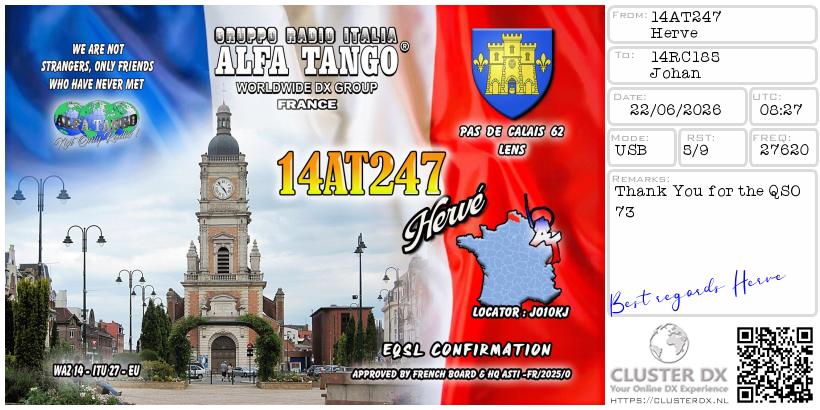 eQSL de 14AT247 HERVE, France – contact DX bande 11 mètres 27.620 MHz