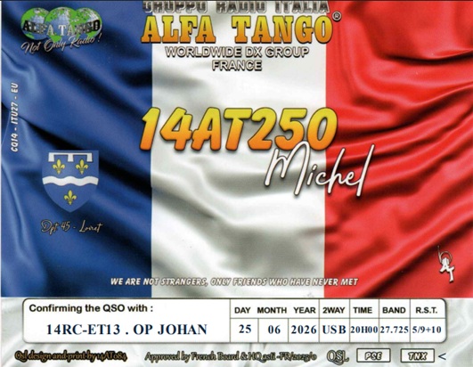 eQSL de 14AT250 MICHEL, France – contact DX bande 11 mètres 27.725 MHz