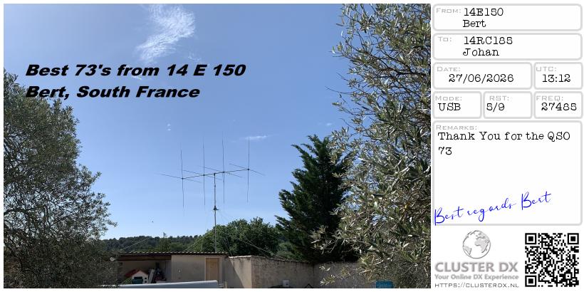 eQSL de 14E150 BERT, France – contact DX bande 11 mètres 27.485 MHz
