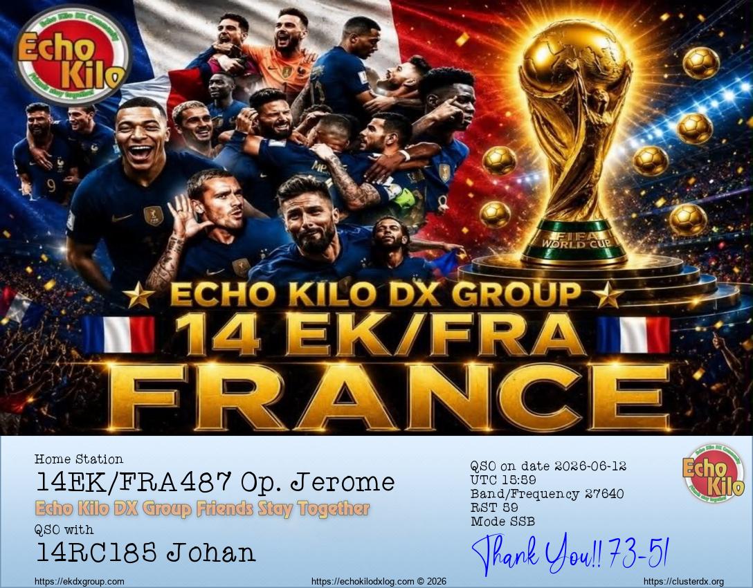 eQSL de 14EK/FRA487, France – contact DX bande 11 mètres 27640 MHz