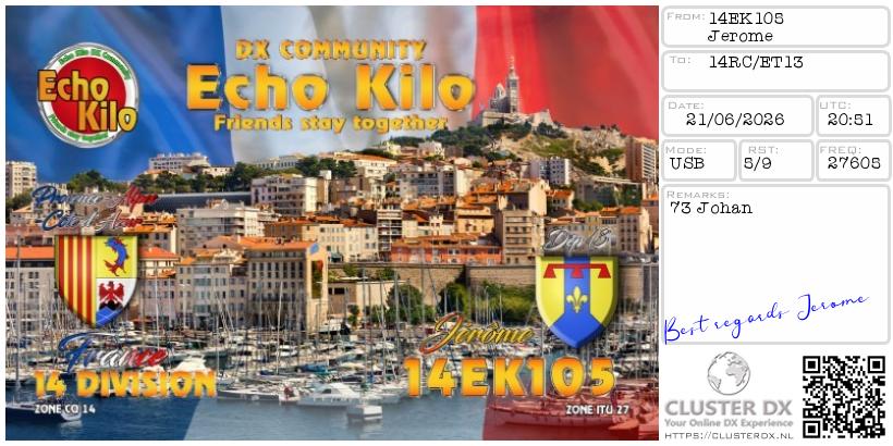 eQSL de 14EK105 JEROME, France – contact DX bande 11 mètres 27.605 MHz