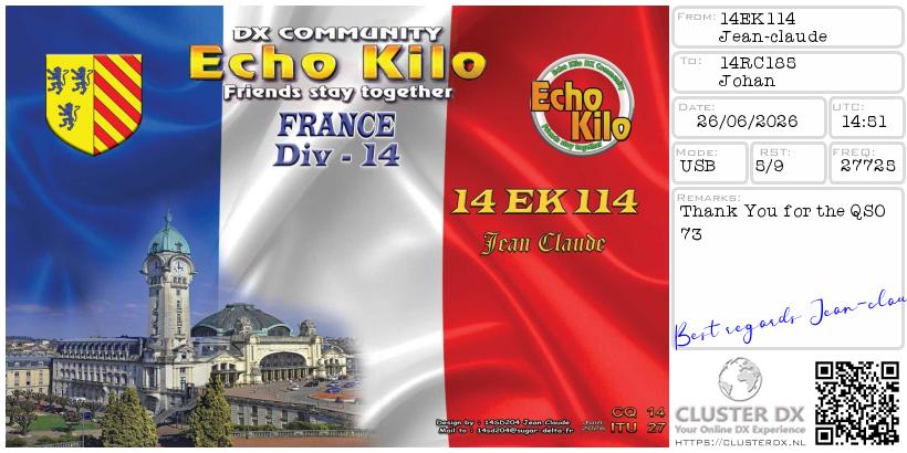 eQSL de 14EK114 JEAN CLAUDE, France – contact DX bande 11 mètres 27.725 MHz