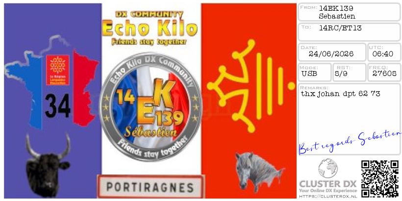 eQSL de 14EK139 SEBASTIEN, France – contact DX bande 11 mètres 27.605 MHz