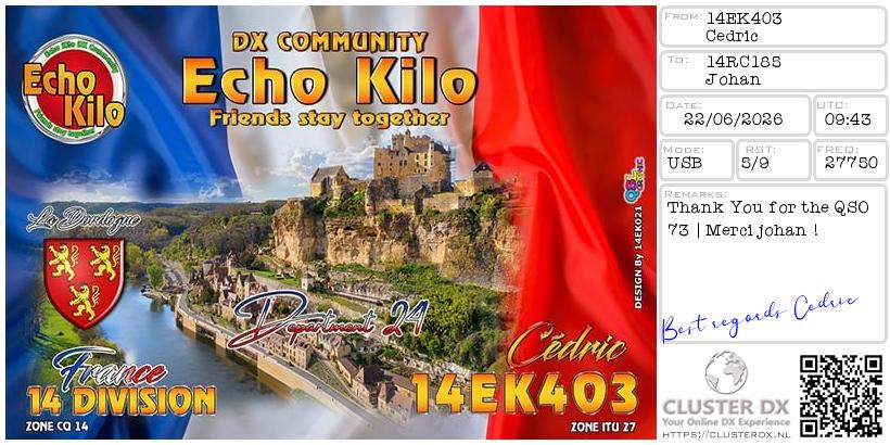 eQSL de 14EK403 CEDRIC, France – contact DX bande 11 mètres 27.750 MHz