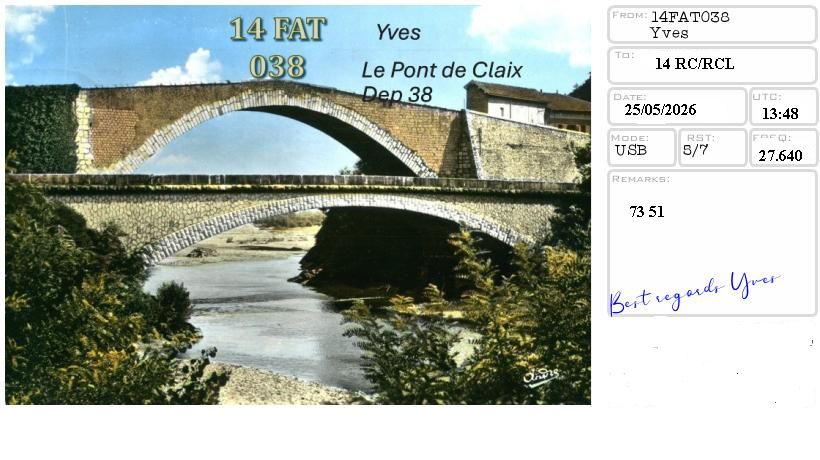 eQSL de 14FAT038 YVES, France – contact DX bande 11 mètres 27.640 MHz