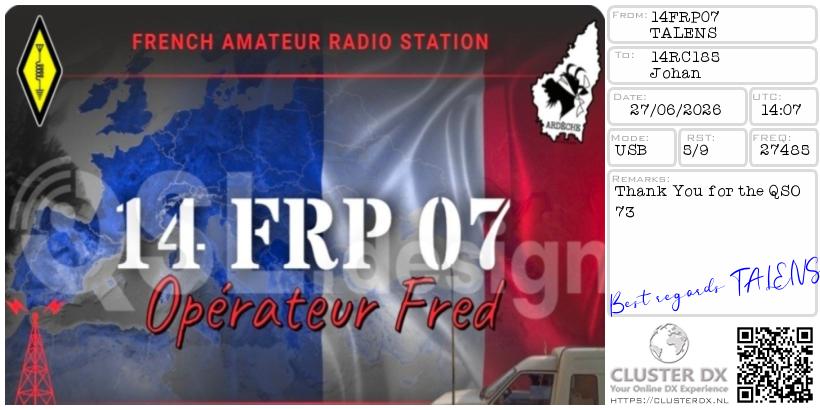 eQSL de 14FRP07 TALENS, France – contact DX bande 11 mètres 27.465 MHz