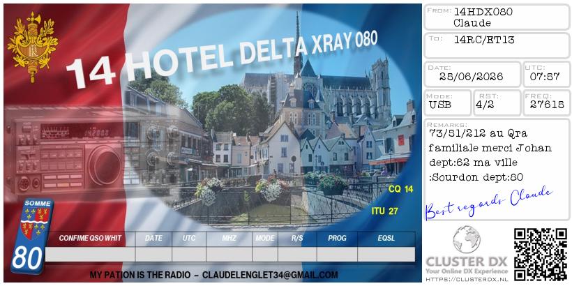 eQSL de 14HDX080 CLAUDE, France – contact DX bande 11 mètres 27.615 MHz