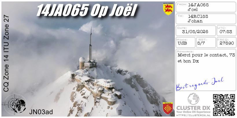 eQSL de 14JA065, France – contact DX bande 11 mètres 27.690 MHz