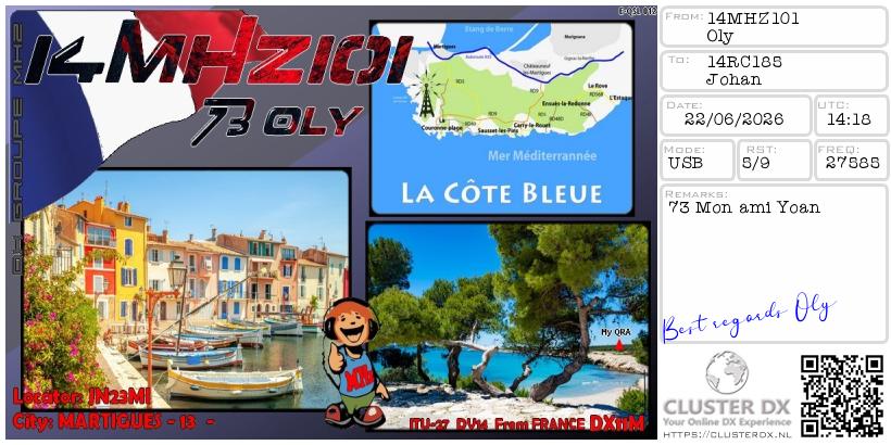 eQSL de 14MHZ101 OLY, France – contact DX bande 11 mètres 27.585 MHz