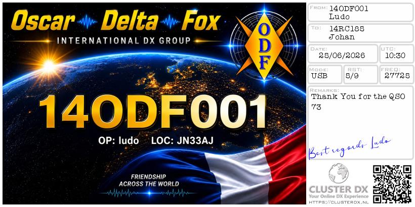 eQSL de 14ODF001 LUDO, France – contact DX bande 11 mètres 27.725 MHz