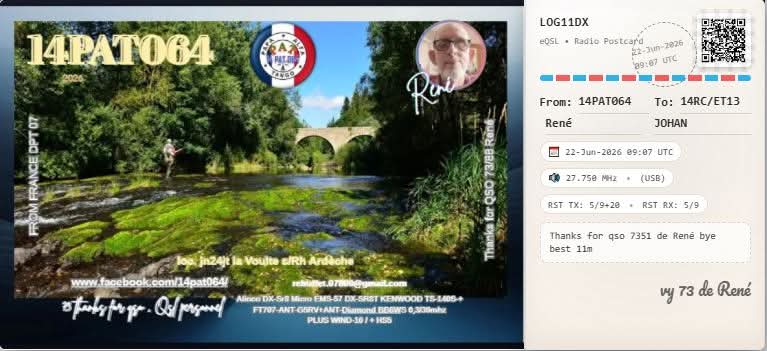 eQSL de 14PAT064 RENE, France – contact DX bande 11 mètres 27.750 MHz