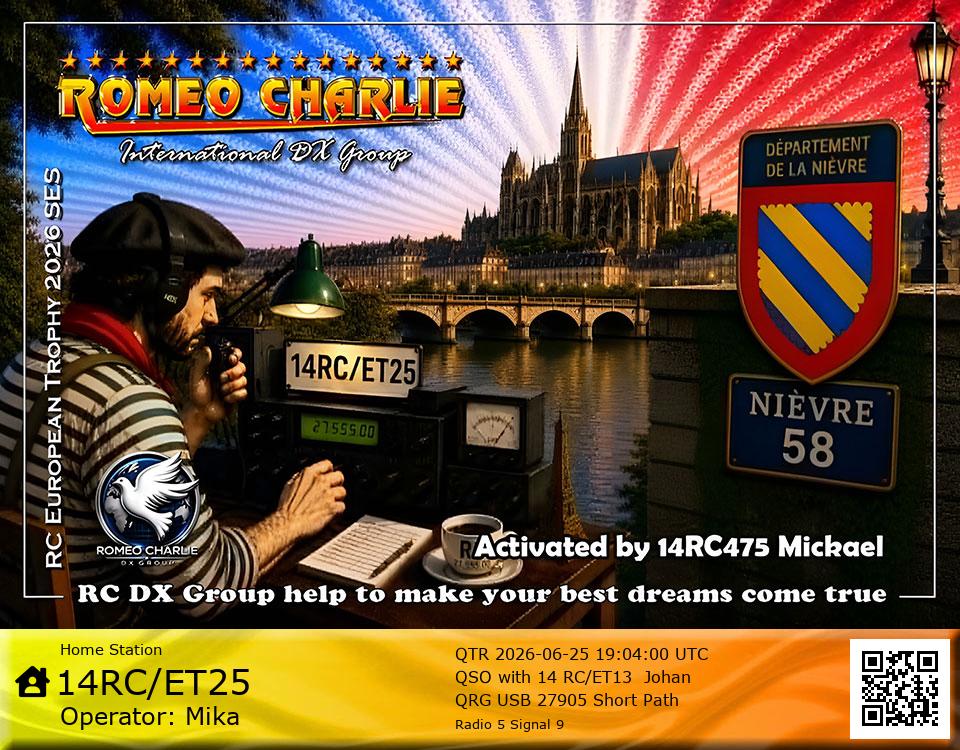 eQSL de 14RC-ET25 MIKA, France – contact DX bande 11 mètres 27.905 MHz