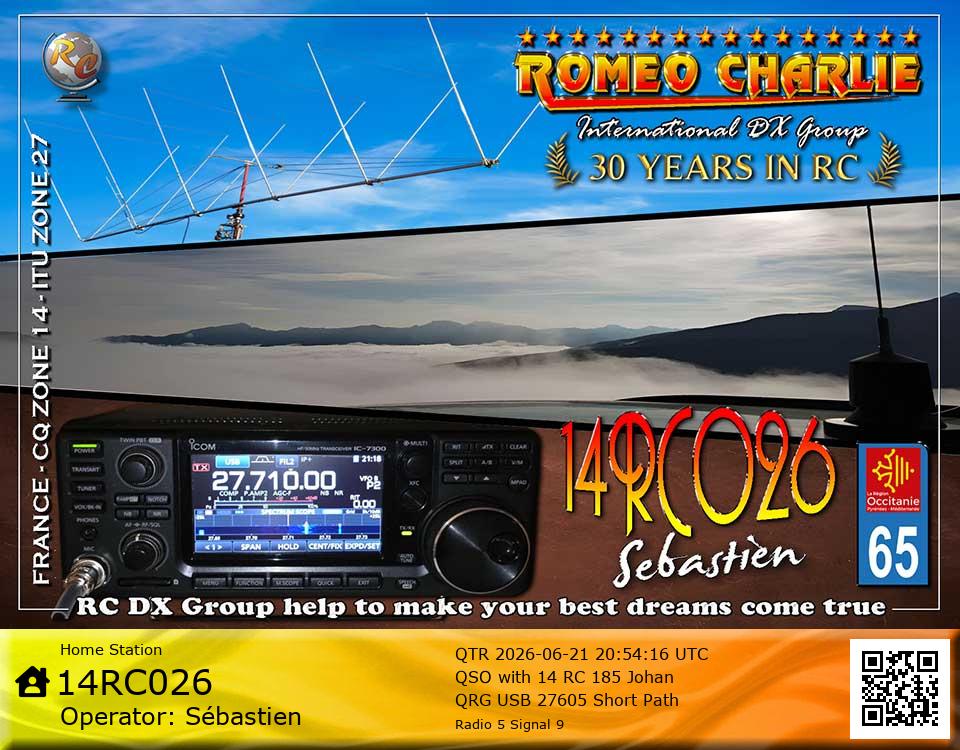 eQSL de 14RC026 SEBASTIEN, France – contact DX bande 11 mètres 27.605 MHz