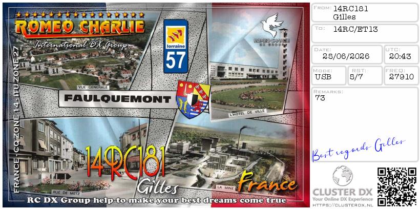 eQSL de 14RC181 GILLES, France – contact DX bande 11 mètres 27.910 MHz