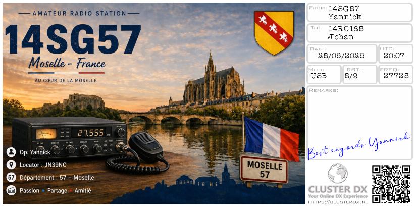 eQSL de 14SG57 YANNICK, France – contact DX bande 11 mètres 27.725 MHz