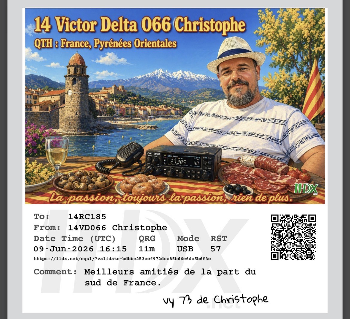 eQSL de 14VD066 CHRISTOPHE, France – contact DX bande 11 mètres 27.066 MHz