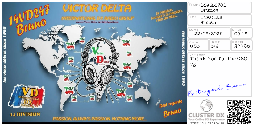 eQSL de 14VD247 BRUNO, France – contact DX bande 11 mètres 27.725 MHz