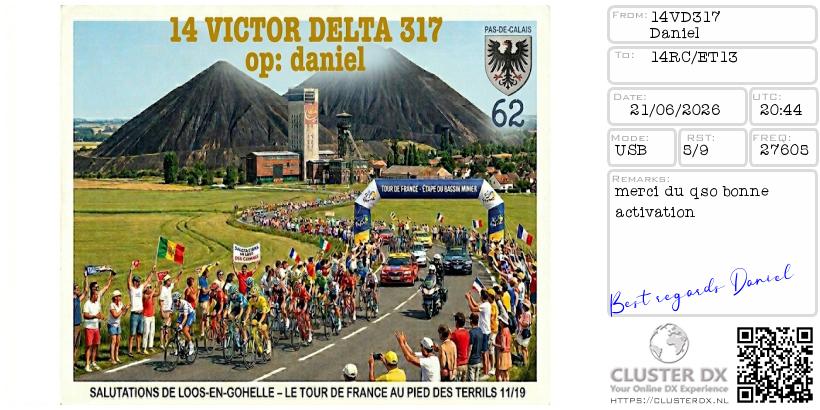 eQSL de 14VD317 DANIEL, France – contact DX bande 11 mètres 27.605 MHz