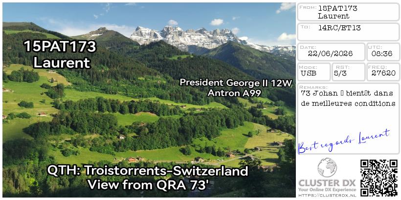 eQSL de 15PAT173 LAURENT, Suisse – contact DX bande 11 mètres 27.620 MHz