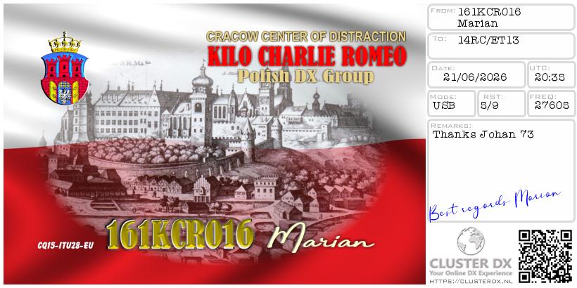 eQSL de 161KCR016 MARIAN, Pologne – contact DX bande 11 mètres 27.605 MHz