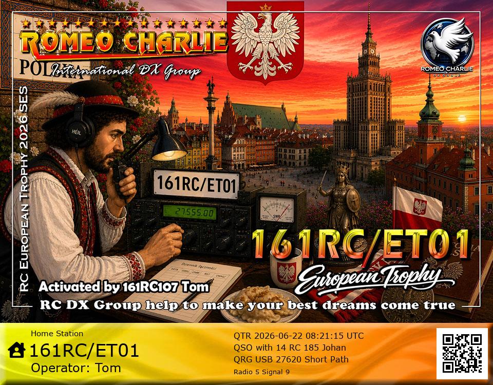 eQSL de 161RC/ET01 TOM, Pologne – contact DX bande 11 mètres 27.620 MHz
