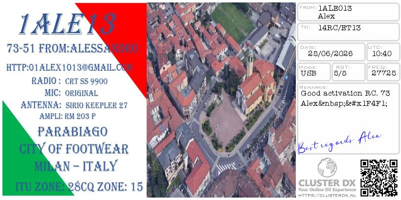 eQSL de 1ALE13 ALESSANDRO, Italie – contact DX bande 11 mètres 27.725 MHz