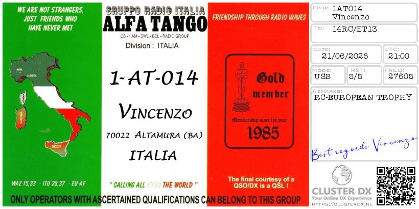 eQSL de 1AT014 VINCENZO, Italie – contact DX bande 11 mètres 27.605 MHz