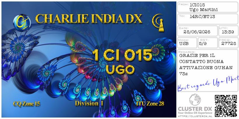 eQSL de 1CI015 UGO, Italie – contact DX bande 11 mètres 27.725 MHz
