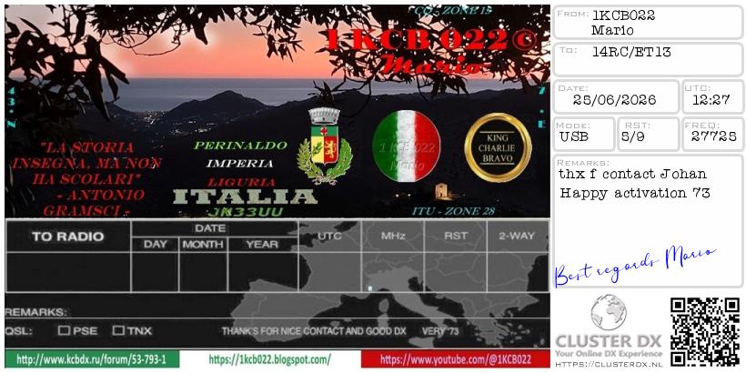 eQSL de 1KCB022 MARIO, Italie – contact DX bande 11 mètres 27.725 MHz
