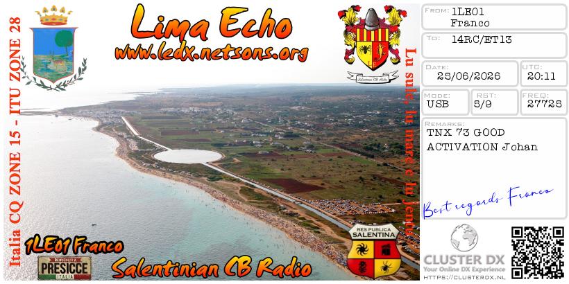 eQSL de 1LE01 FRANCO, Italie – contact DX bande 11 mètres 27.725 MHz