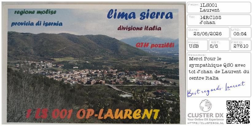 eQSL de 1LS001 LAURENT, Italie – contact DX bande 11 mètres 27.610 MHz