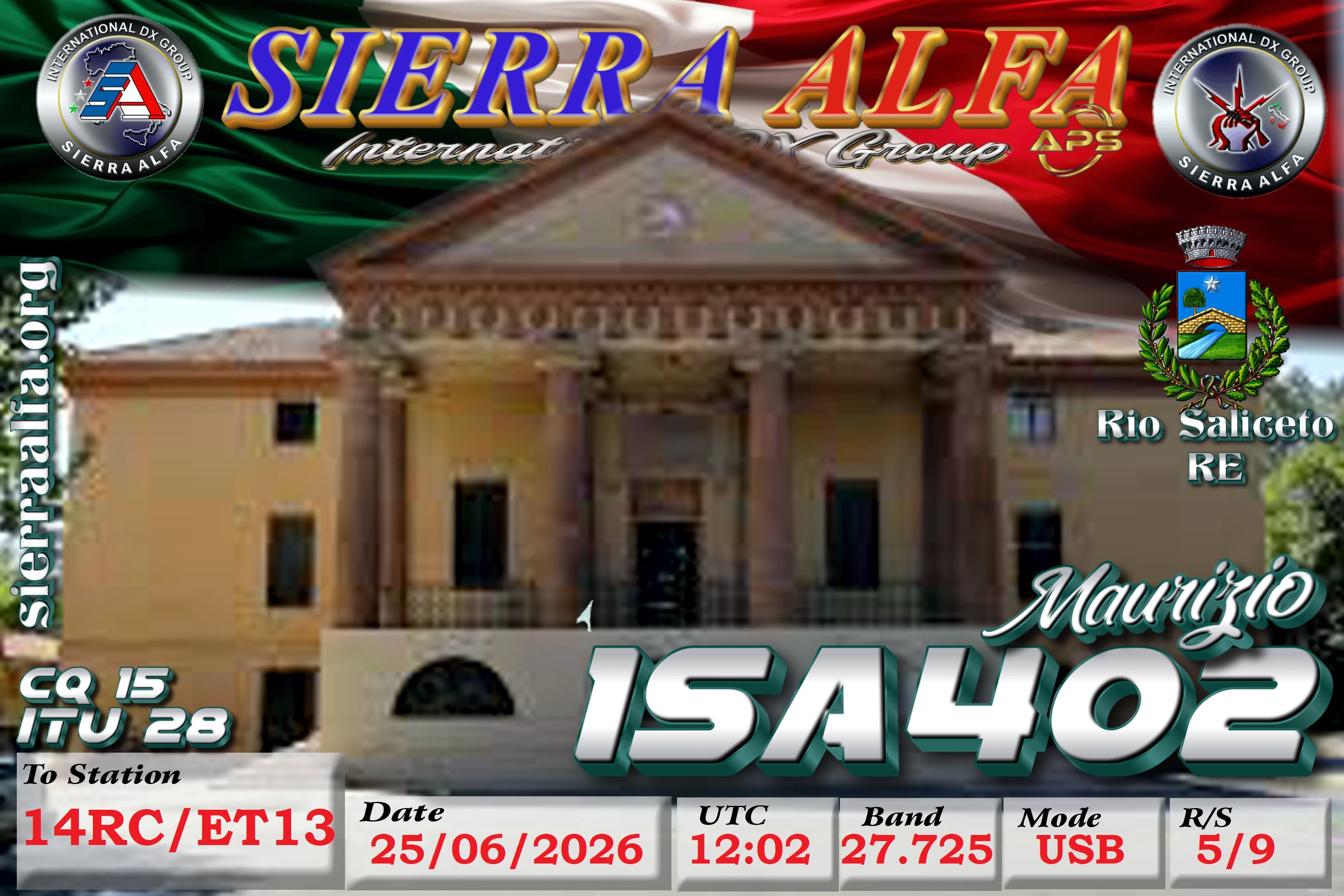 eQSL de 1SA402 MAURIZIO, Italie – contact DX bande 11 mètres 27.725 MHz