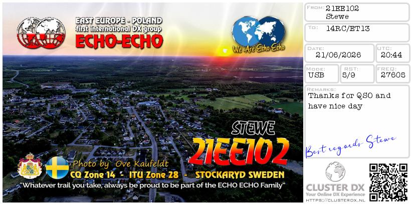 eQSL de 21EE102 STEWE, Suède – contact DX bande 11 mètres 27.605 MHz