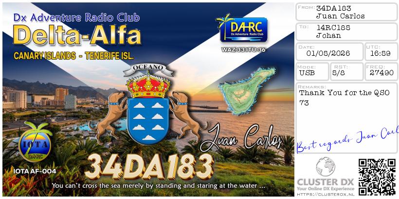 eQSL de 34DA183 JUAN CARLOS, Îles Canaries – contact DX bande 11 mètres 27.490 MHz