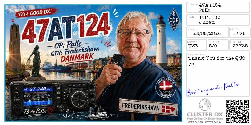 eQSL de 47AT124 PALLE, Danemark – contact DX bande 11 mètres 27.725 MHz