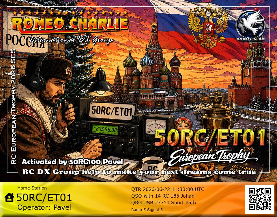 eQSL de 50RC/ET01 PAVEL, Russie européenne – contact DX bande 11 mètres 27.750 MHz