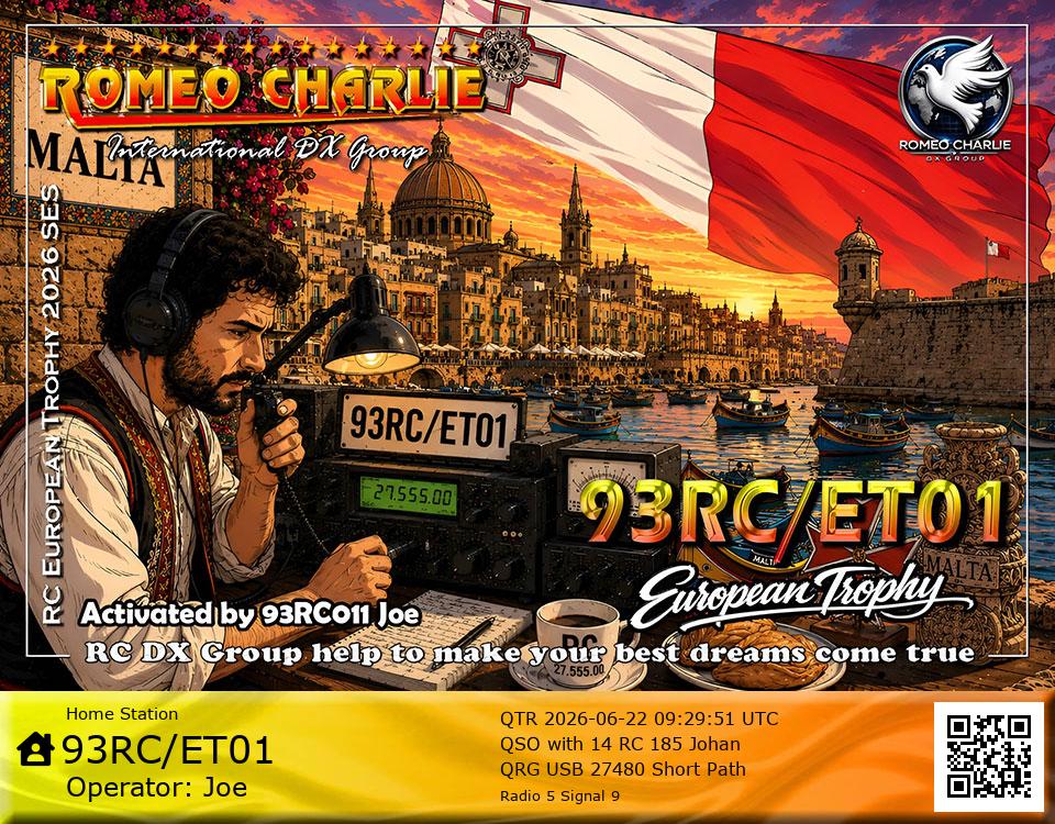 eQSL de 93RC/ET01 JOE, Malte – contact DX bande 11 mètres 27.480 MHz