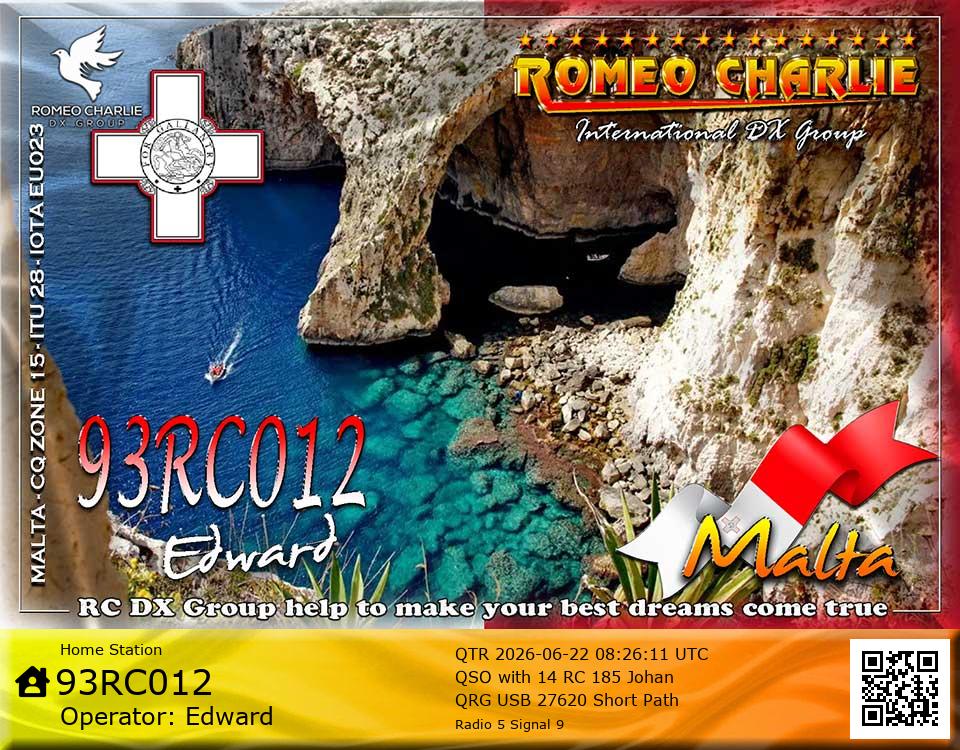 eQSL de 93RC012 EDWARD, Malte – contact DX bande 11 mètres 27.620 MHz