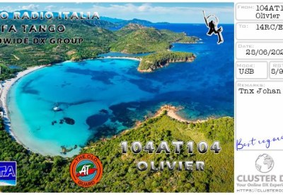 eQSL reçue de 104AT104 OLIVIER, Corse – contact DX bande 11 mètres 27 MHz