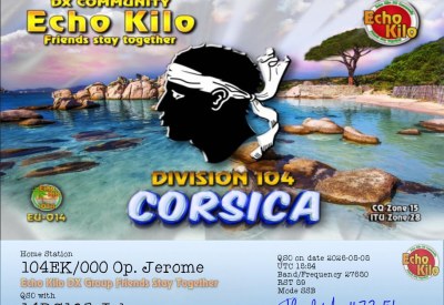 eQSL reçue de 104EK/000 JEROME, Corse – contact DX bande 11 mètres 27 MHz