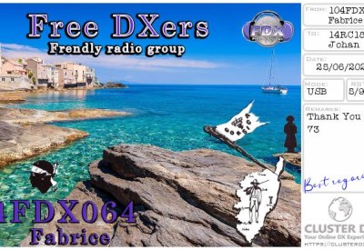 eQSL reçue de 104FDX064 FABRICE, Corse – contact DX bande 11 mètres 27 MHz